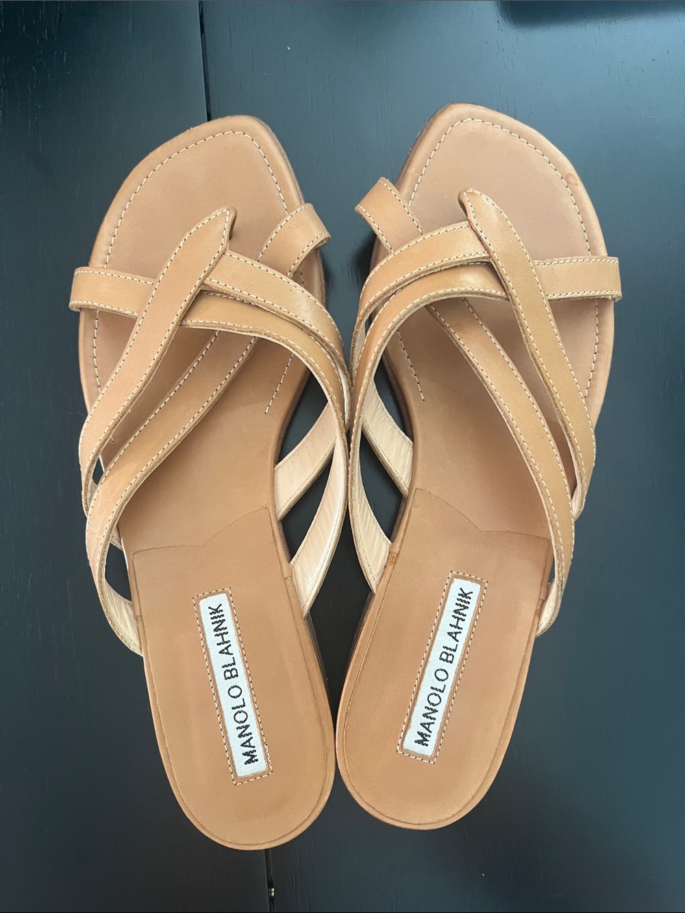 Manolo Blahnik Tan Crisscross Leather Slide Sandals with Box